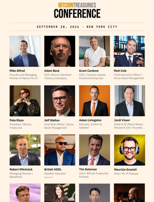 Promotional graphic for the 'Bitcoin Treasuries Conference' on September 28, 2026 in New York City, featuring headshots of speakers including Mike Alfred, Adam Back, and Grant Cardone.