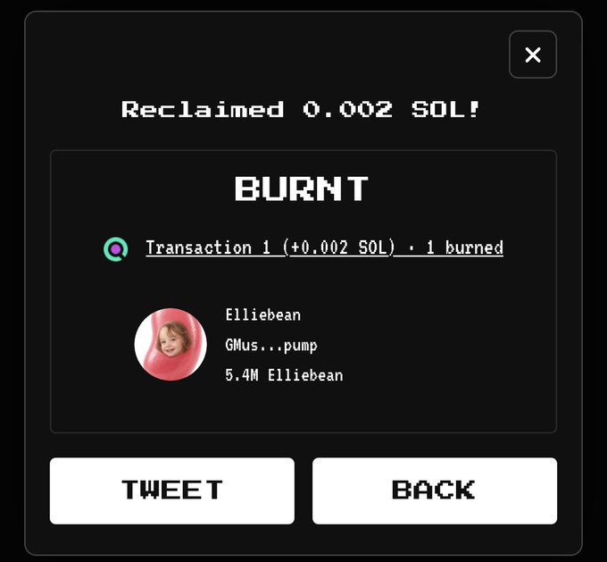 A dark-themed confirmation screen for a crypto transaction showing 'Reclaimed 0.002 SOL!' and 'BURNT Transaction 1 (+0.002 SOL) · 1 burned' associated with the username 'Elliebean (GMus...pump)' and a profile picture of a smiling child.