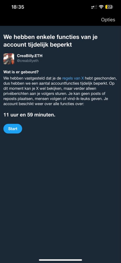 A Dutch-language X (Twitter) notification screen informs user @creabillyeth that several account functions have been temporarily restricted for approximately 11 hours and 59 minutes due to an alleged rules violation, limiting actions like posting and following.