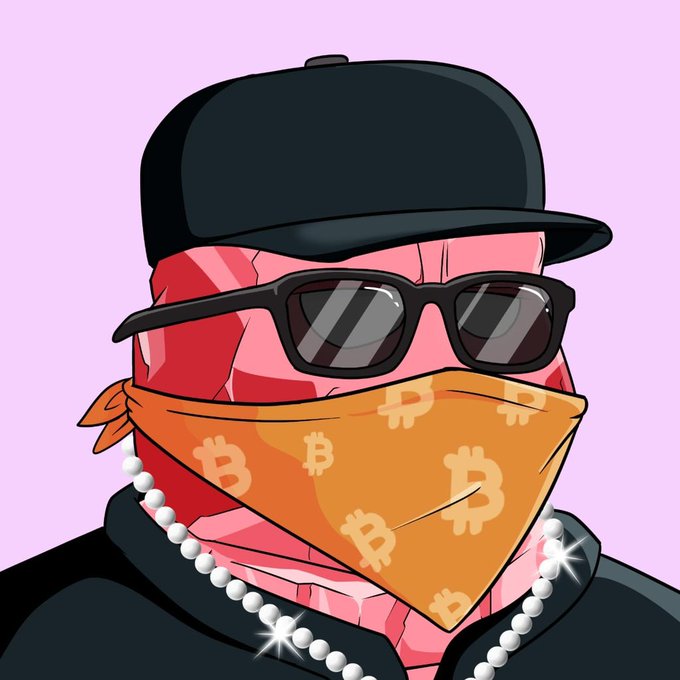 A stylized cartoon character wearing a black cap, dark sunglasses, and a pearl necklace covers their face with an orange bandana printed with Bitcoin (₿) logos. The crypto/gangster aesthetic fits the casual "Gm Nfts" greeting, reflecting the playful NFT and crypto culture vibe.
