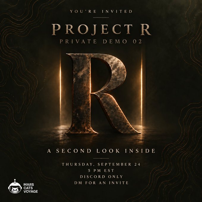 A dark, elegant invitation card for 'PROJECT R - PRIVATE DEMO 02' by Mars Cats Voyage announces 'A SECOND LOOK INSIDE' on Thursday, September 24 at 5 PM EST, Discord only.