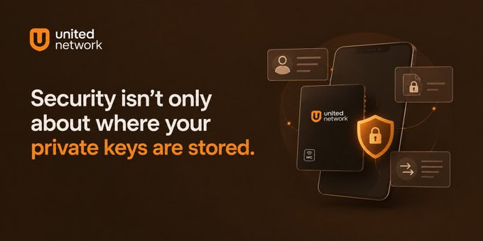 An advertisement for United Network states 'Security isn't only about where your private keys are stored' alongside an illustration of a hardware device with a shield icon.