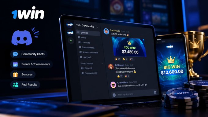 A sleek promotional graphic for 1win showcases the platform's Discord community interface on a tablet, displaying a "$2,480.00" win notification alongside chat channels labeled "wins," "bonuses," "tournaments," "announcements," and "support." The image visually reinforces the post's point by highlighting features like "Community Chats," "Events & Tournaments," "Bonuses," and "Real Results," while a glowing "BIG WIN $12,600.00" screen and gold trophy in the background emphasize the social, community-driven gaming experience 1win promotes over typical crypto hype.