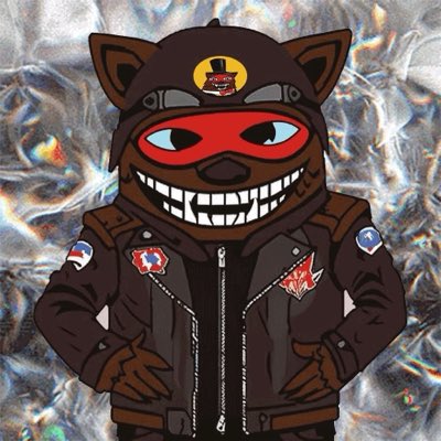 A cartoon illustration of a character wearing a brown biker jacket covered in patches, with a brown furry animal-eared hat and a red mask with large teeth, standing against a holographic background.
