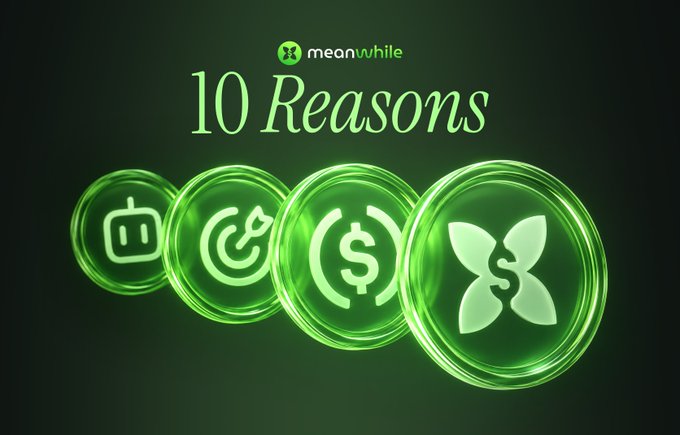A promotional graphic for "meanwhile" featuring the text "10 Reasons" above four glowing green circular icons depicting a robot, target, dollar sign, and a leaf-like symbol, visually supporting a post about becoming the "hyperliquid of attention" and offering $CASHBACK rewards.