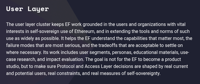 A dark blue slide titled 'User Layer' explaining that the cluster keeps EF work grounded in users and organizations with interests in self-sovereign use of Ethereum, including user segments, personas, educational materials, and impact evaluation.