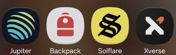 Four cryptocurrency wallet/exchange app icons displayed in a row: Jupiter, Backpack, Solflare, and Xverse.