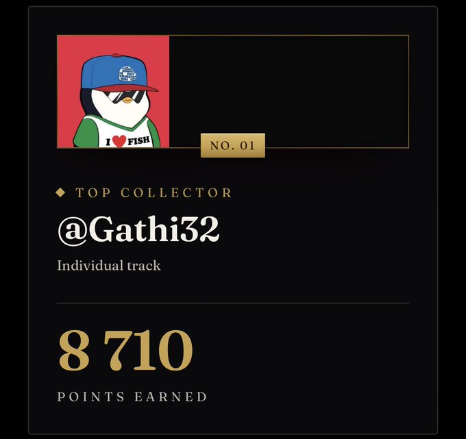 A digital achievement card displays a Top Collector badge for user @Gathi32, who earned 8,710 points on the "Individual track," with an "I ❤️ FISH" penguin avatar and "NO. 01" label—likely showcasing their collector status within the @theiconsart community mentioned in the post.