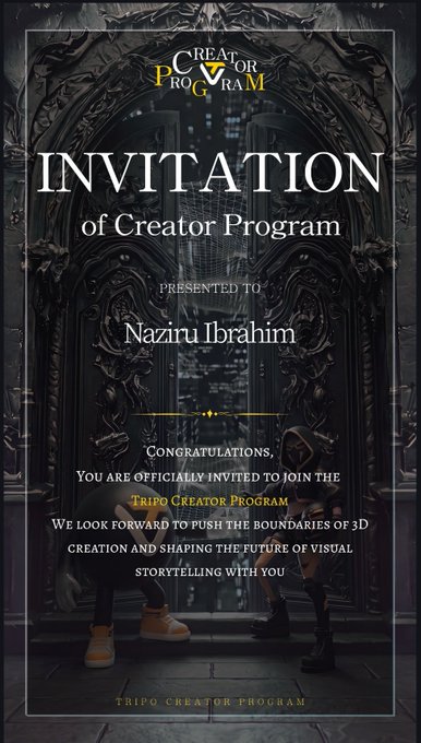 An invitation card from the "Trifo Creator Program" congratulating "Naziru Ibrahim" for being officially invited to join, set against a dark gothic architectural background.