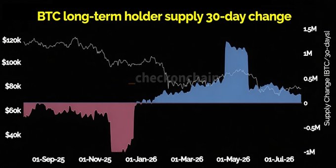 The chart titled "BTC long-term holder supply 30-day change" (sourced from _checkonchain) shows Bitcoin's price alongside the 30-day supply change metric, with the blue area representing accumulation (currently around 0.5M BTC) indicating long-term holders are adding rather than selling. This supports the post's claim that long-term holders are holding firmly, suggesting a potential market bottom with continued accumulation rather than distribution.