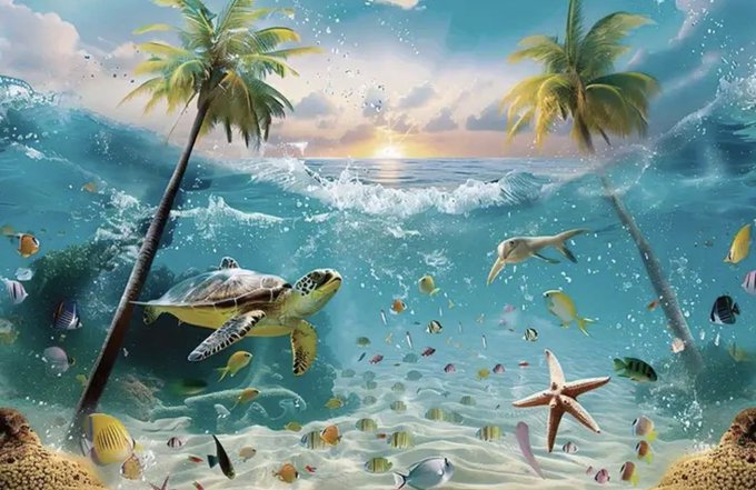 The image features a scene of underwater life with various sea creatures such as fish, starfish, and turtles swimming around coral reefs. The colors used are predominantly blue, green, and yellow, creating a vibrant and lively atmosphere. The main focus is on the sea animals in their natural habitat, showcasing the beauty and diversity of marine life.