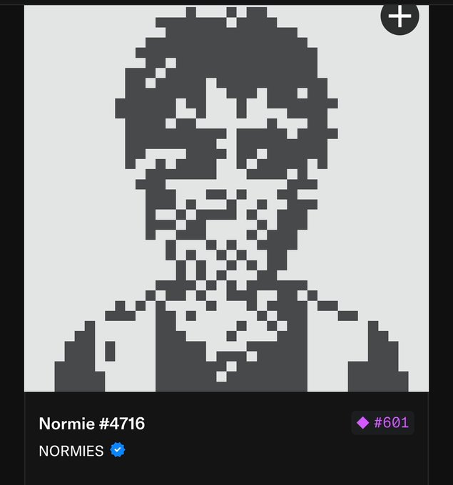 A pixel art NFT from the 'Normies' collection showing a dark grey monochromatic portrait of a bearded man with glasses, labeled 'Normie #4716' and valued at '#601' Ethereum.