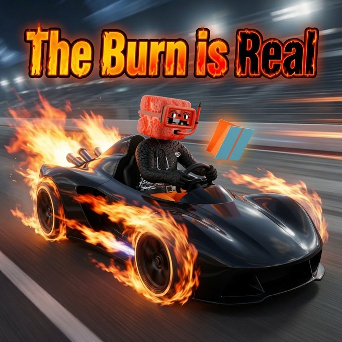 A digital artwork titled 'The Burn is Real' depicting a character with a brick-shaped head driving a black sports car engulfed in flames, with a red and blue card flying nearby.