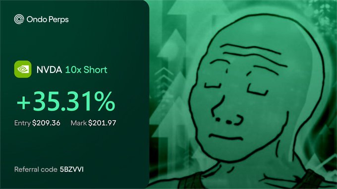 The image features an advertisement for a cryptocurrency called NVDA 10x Short. The advertisement includes a cartoon depiction of a man's face with a sad expression, accompanied by text that provides information about the cryptocurrency or promotes its use as a short. The post also mentions that the user has referred another user to this cryptocurrency and includes a code for a rebuy option.