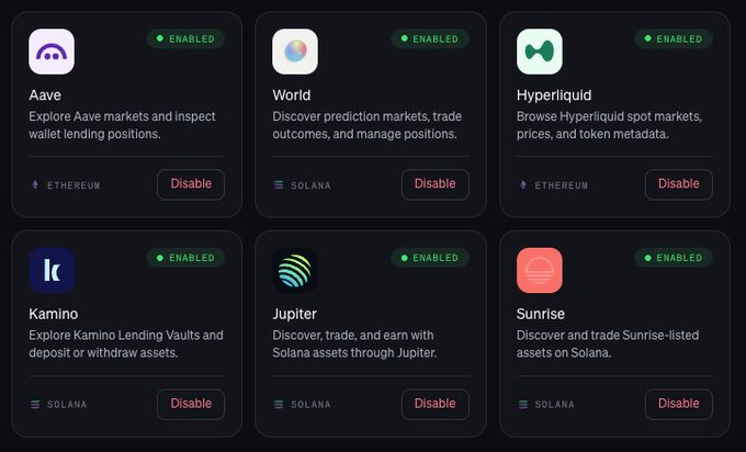 An integrations page showing six enabled platforms with 'Disable' buttons: Aave and Hyperliquid (Ethereum), and World, Kamino, Jupiter, and Sunrise (Solana).