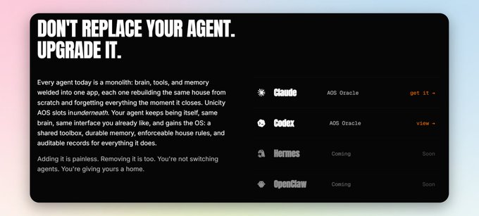 A promotional graphic titled 'DON'T REPLACE YOUR AGENT. UPGRADE IT.' for Unicity AOS, listing tools including Claude, Codex, Hermes, and OpenClaw (labeled as Unicity AOS Oracle, Coming Soon, or with 'get it' and 'view' links).