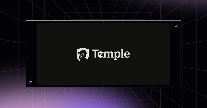 The image shows a dark-themed graphic featuring the Temple logo—a stylized Spartan helmet next to the word "Temple"—set against a black rectangular background with diagonal arrow markers in the corners and a subtle purple grid pattern. This visual serves as branding for the Temple platform, which has just launched Canton's first gold/bitcoin pair using Ember Protocol's eXAU and BitSafe's CBTC.