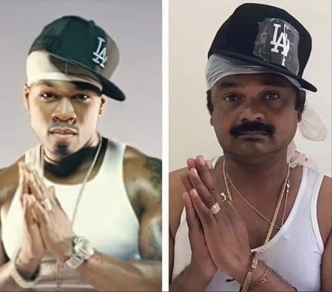A side-by-side comparison photo of a man posing with clasped hands, with the left side styled like rapper 50 Cent wearing an LA cap, and the right side showing his unedited version.