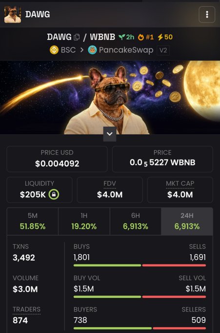 A screenshot of the DAWG/WBNB token pair on PancakeSwap showing a $0.004092 price, $4M market cap, $3M volume, and a dramatic 6,913% gain over 24 hours, with the contract address 0x7D0443CdDFc8E11AF105F4fE44Dd28c630237777 matching the post's meme-fueled hype of "billions coded" for the dog-themed token.