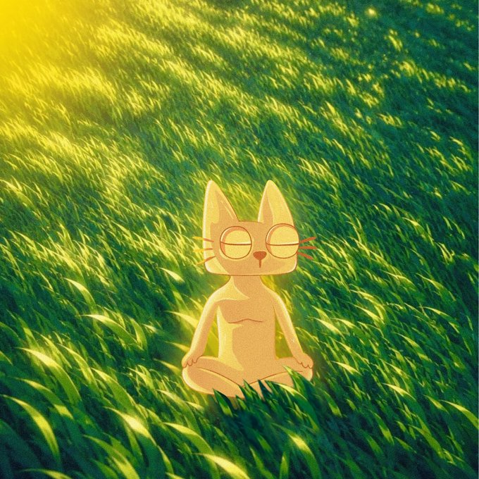 A stylized illustration shows a serene white cartoon cat with closed eyes sitting cross-legged in a meditation pose amid a sunlit grassy field, symbolizing the calm, mindful patience often needed in trading, poker, and crypto investing. The peaceful imagery pairs with the post's reflective update on a year of taking financial risks as a professional gambler.