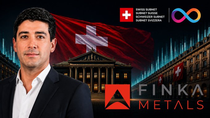 The image features Carlos Francisco Fernandez, CEO of FinkaMetals, positioned in front of the Swiss flag and what appears to be a Swiss governmental building, alongside logos for "Swiss Subnet," "Subnet Suisse," "Schweizer Subnet," "Subnet Svizzera," and "Finka Metals"—visually reinforcing the announcement of FinkaMetals being onboarded by Swiss Subnet within the $ICP ecosystem.