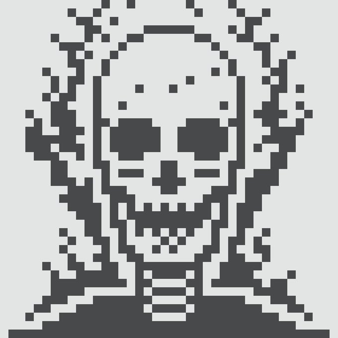 A pixel-art style black and white illustration of a skull with dark eye sockets and exposed teeth.