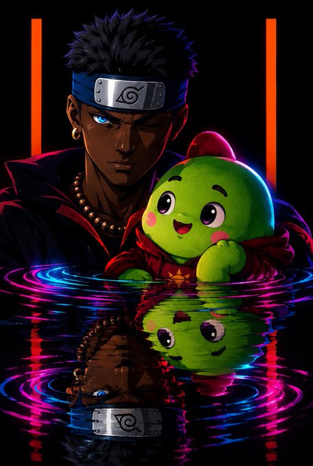 A stylized digital artwork featuring a dark-skinned character with a Hidden Leaf Village symbol headband holding a small green creature above rippling water, with vibrant neon reflections.