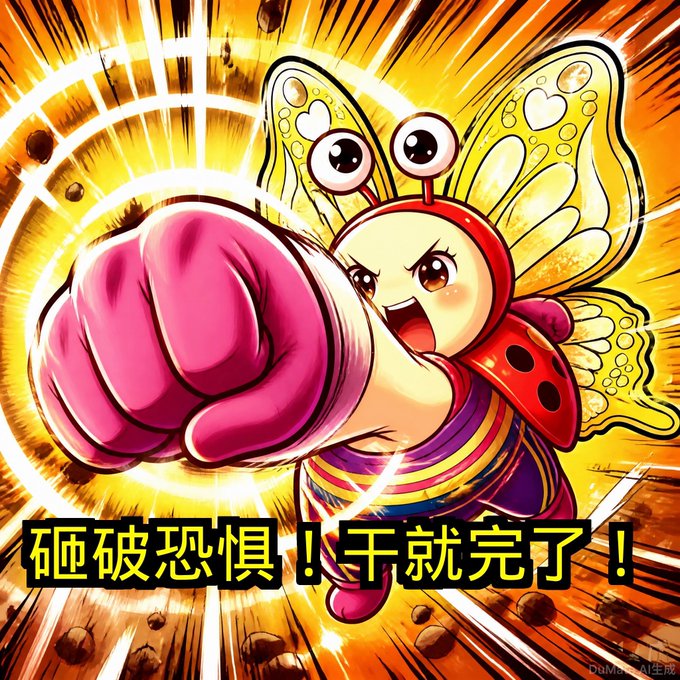 An anime-style illustration of a character in a pink boxing glove and butterfly-themed hood punching forward with a determined expression, featuring Chinese text '砸破恐惧！干就完了！'.