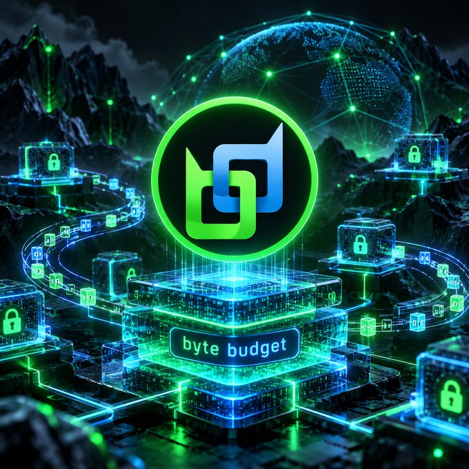 A vibrant digital artwork featuring a green circular logo with interlocking shapes above a glowing platform labeled 'byte budget,' set in a cyberpunk landscape with neon green data nodes and a wireframe globe.