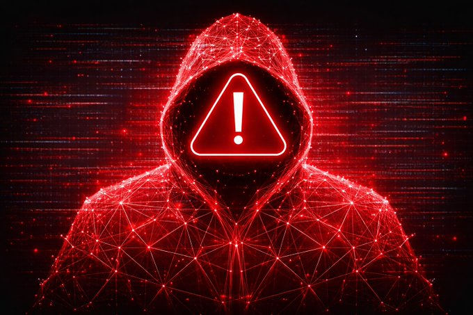 A digital graphic showing a hooded figure composed of red glowing interconnected nodes and lines, with a red warning triangle and exclamation mark on its face.