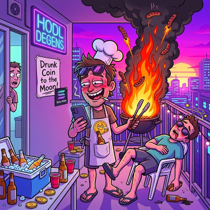 A cartoon-style illustration shows a man in a chef's hat grilling sausages on a rooftop balcony during sunset, with a neon 'HODL DEGENS' sign and a 'Drunk Coin to the Moon!' poster, while another character lounges drunk in a chair.