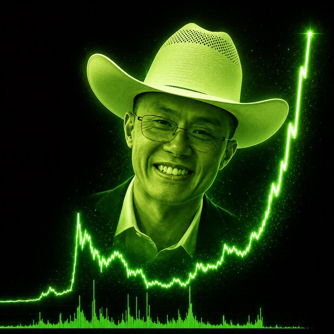 A stylized green-tinted digital illustration shows a smiling man wearing glasses and a cowboy hat, superimposed over a glowing green rising line graph and bar chart on a black background.