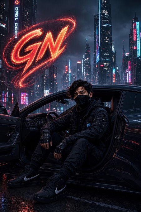A digital artwork showing a figure wearing a black mask and tactical outfit sitting in the open door of a car against a cyberpunk cityscape, with a red neon 'GN' logo.