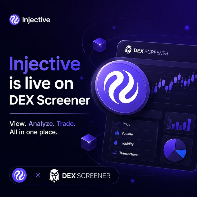 Promotional graphic announcing 'Injective is live on DEX Screener' with the tagline 'View. Analyze. Trade. All in one place.' featuring Injective and DEX Screener logos.
