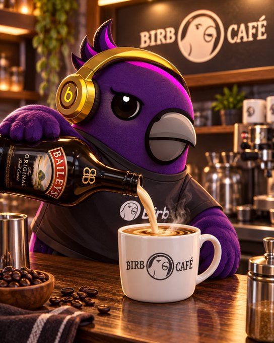 An animated purple bird wearing gold headphones pours Baileys Original Irish Cream into a steaming mug at "BIRB CAFÉ," with coffee beans scattered on the wooden counter.