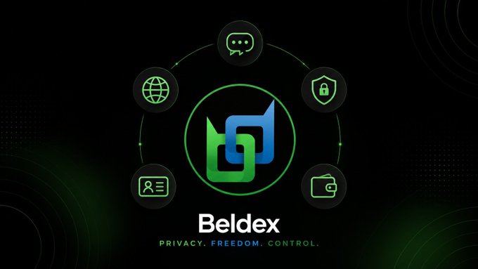 A Beldex cryptocurrency promotional graphic featuring a green and blue "B" logo surrounded by five circular icons representing chat, security, wallet, ID, and global connectivity, with the tagline "PRIVACY. FREEDOM. CONTROL." below. The visual reinforces the post's message by showcasing Beldex's privacy-focused ecosystem of encrypted messaging (BChat), anonymous networking (BelNet), and secure transactions as an alternative to surveillance-based online services.