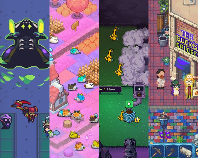 A collage of four mobile game screenshots featuring different art styles, including a pixel-art space shooter, colorful cat characters in a pink world, dinosaur management gameplay, and a restaurant called 'THE BUCK'S GALORE'.