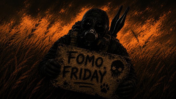 A dark, atmospheric digital artwork featuring a figure in a gas mask and tactical gear holding a weathered sign that reads 'FOMO FRIDAY' with a skull illustration, set against an ominous orange-red background.