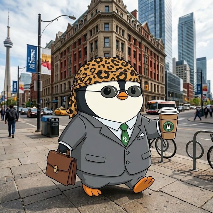 A cartoon penguin dressed in a business suit, leopard-print durag, and round glasses walks through downtown Toronto (CN Tower visible) carrying a briefcase and a Starbucks coffee, perfectly matching the "gm, time to work, let's cook" hustle energy of the post.