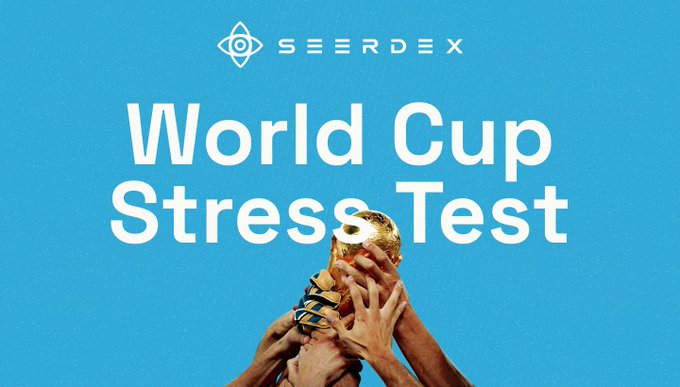 A graphic with blue background showing hands holding a World Cup trophy with the text 'SEERDEX World Cup Stress Test'.
