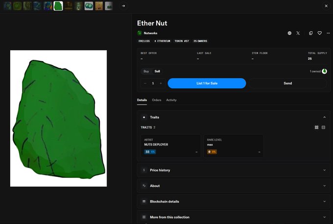 A screenshot of an NFT marketplace listing for an 'Ether Nut' from the 'Nutaniks' collection on Ethereum, showing a green rock artwork, an 'AUTOM DEPLOYER' trait, and a 'List 1 for Sale' button.