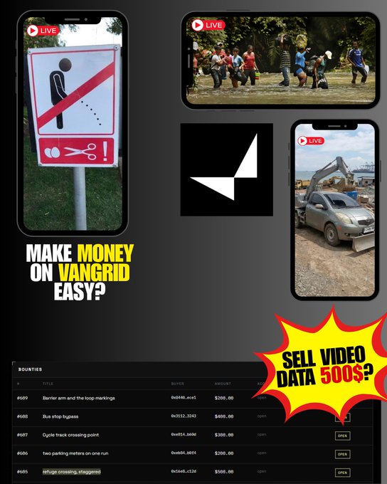An advertisement for the 'VANGRID' app shows a smartphone displaying live video feeds and a 'BOUNTIES' list, with text overlays reading 'MAKE MONEY ON VANGRID EASY?' and 'SELL VIDEO DATA 500$?'