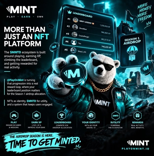A promotional advertisement for 'MINT PLAY • EARN • OWN' features a bear character in sunglasses holding a coin, alongside a leaderboard showing 'MINT Legend', 'GhostBoat', 'CryptoRanger', 'You', and 'Wiz03_OG', with text highlighting 'THE AIRDROP SEASON IS HERE. TIME TO GET MINTED.' and 'PLAYONMINT.IO'.