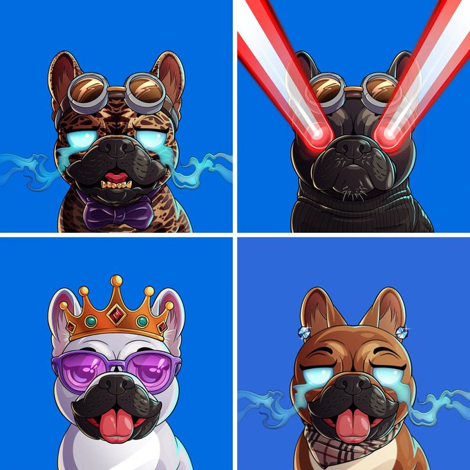 A 2x2 grid of four cartoon French Bulldog illustrations on blue backgrounds, featuring different accessories: goggles, laser eyes, a crown with sunglasses, and a bandana.