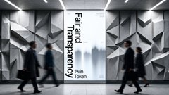 An architectural visualization titled 'Fair and Transparency by Kein Tokin' showing silhouetted figures walking through a modern corridor with geometric patterned walls.