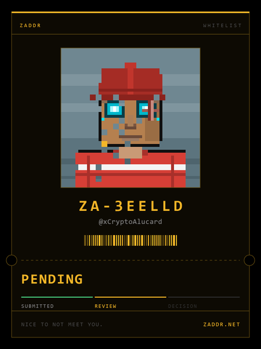 A digital identification card from 'ZADOR' displays a pixel art character with a red bandana, labeled 'ZA-3EELLD' with the username '@xCryptoAlucard' and a 'PENDING' review status.