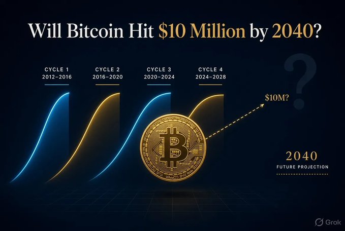 Chart titled 'Will Bitcoin Hit $10 Million by 2040?' showing four cycle curves from 2012-2028 with a future projection to 2040, featuring a Bitcoin coin graphic.