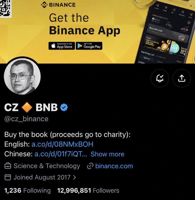 A screenshot of CZ Binance's Twitter/X profile (@cz_binance) shows a banner promoting the Binance App and his bio mentions buying a book with proceeds going to charity, while the post itself displays the trading insight "Resistance, once broken, becomes support." — a technical analysis principle relevant to his role as founder of the cryptocurrency exchange Binance.