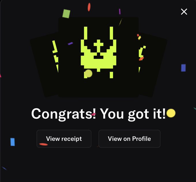 The image shows a digital reward screen with pixel-art green alien creatures on cards against a black background with confetti, accompanied by the text "Congrats! You got it!" along with buttons labeled "View receipt" and "View on Profile." The image directly illustrates the post's message, celebrating the successful receipt of a "Bugs" token as a digital collectible or reward.