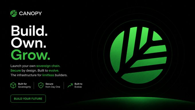 A dark green and black promotional banner for CANOPY with the tagline 'Build. Own. Grow.' encouraging users to launch their own sovereign chain, with a stylized leaf logo and a 'BUILD YOUR FUTURE' button.